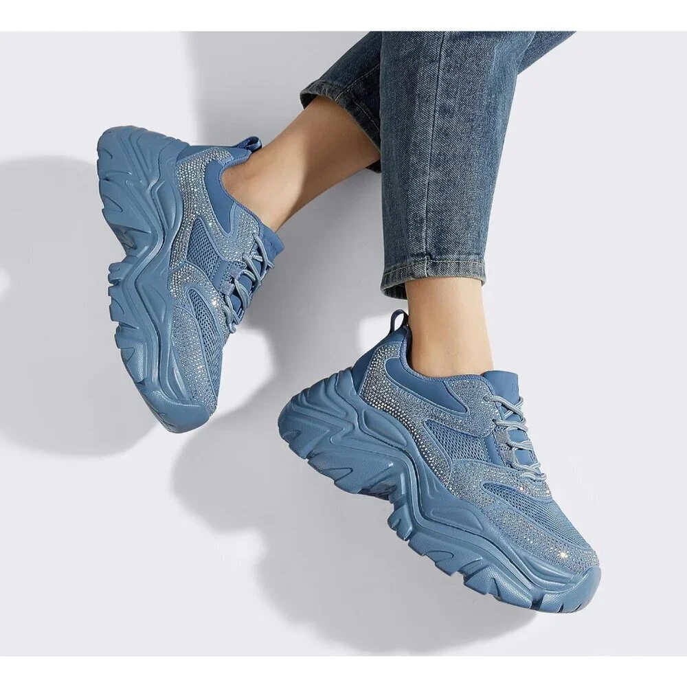 Women Leather Blue Rhinestone Comfortable Wedge Walking Sport Sneakers Shoes